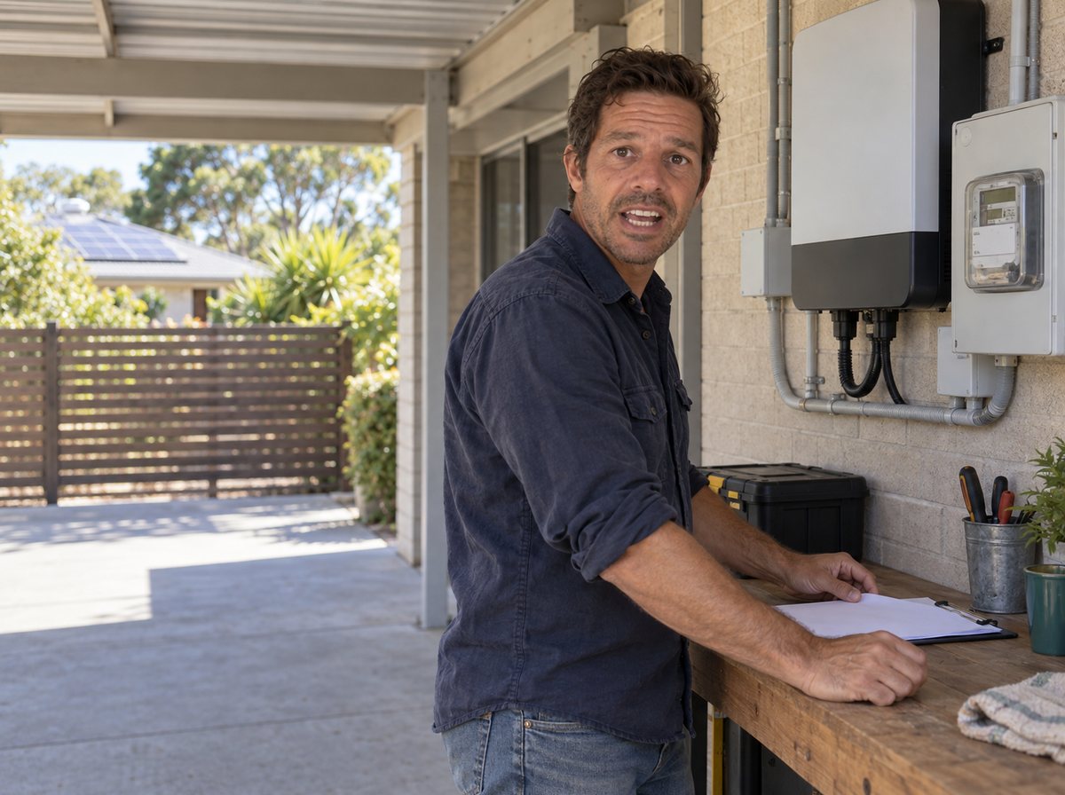 Harry Dutton in a suburban carport beside the meter box, with a clipboard of power bills on his workbench