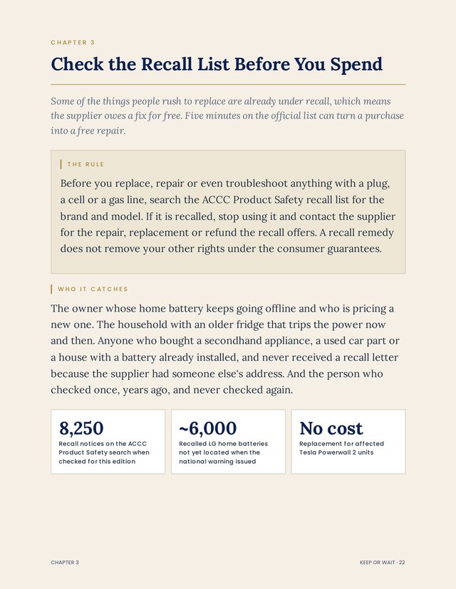Opening page of chapter 3, Check the Recall List Before You Spend, with its rule box